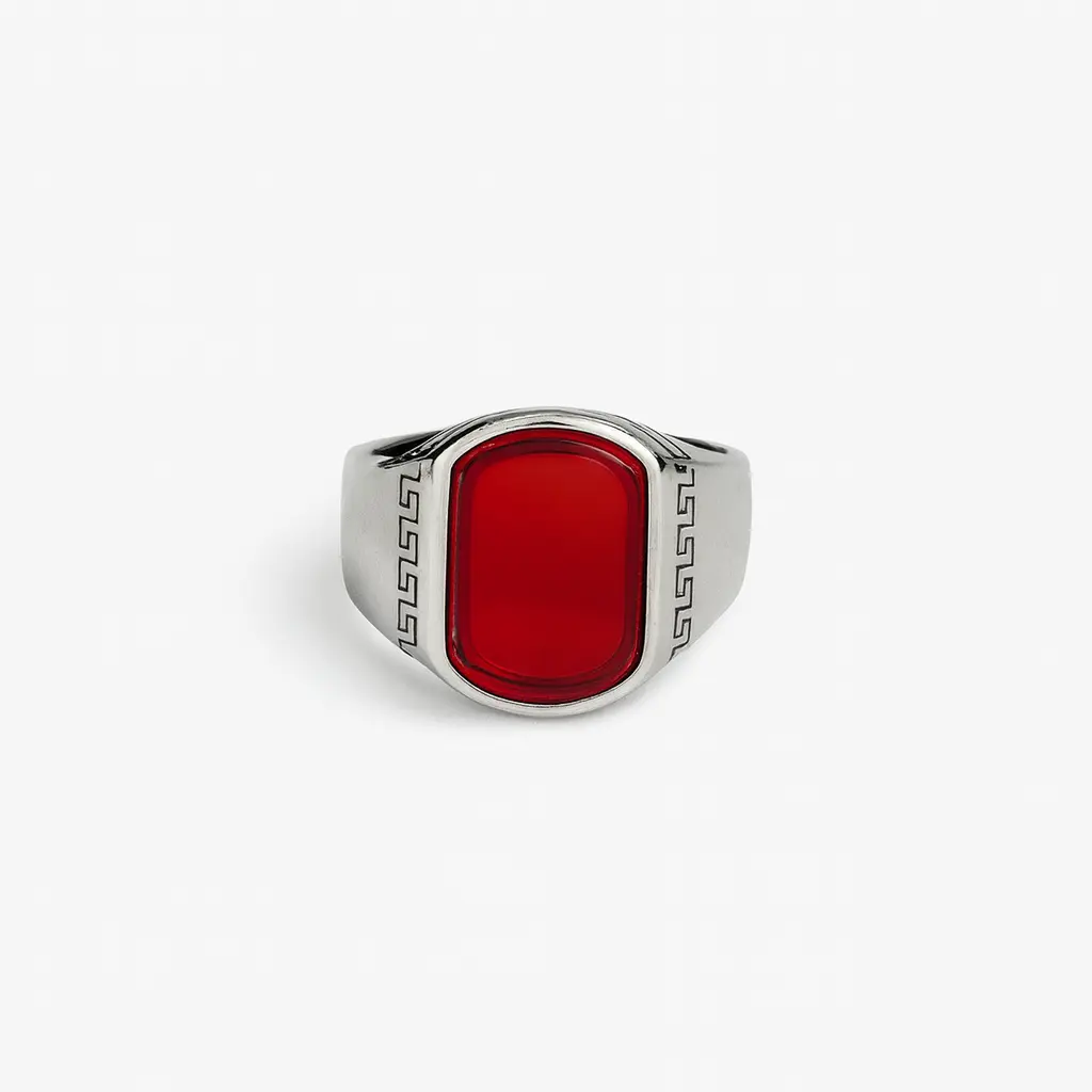 Red Agate Greek Key Signet Ring - Image 3
